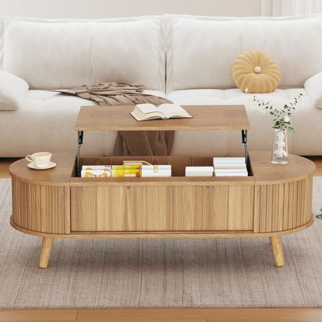 Mesa de centro elevable 120x50x39.5 cm natural MDF con almacenaje oculto y puertas laterales enrollables (1/5)