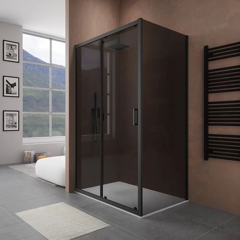 Cabine de douche 110 x 80 cm porte coulissante en verre fumé de 6 mm profilés noirs mats h 185 Tonga (1/4)