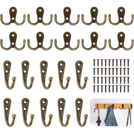 Lot de 20 crochets muraux doubles vintage en bronze avec vis pour porte, armoires, cuisine, bureau (1/5)