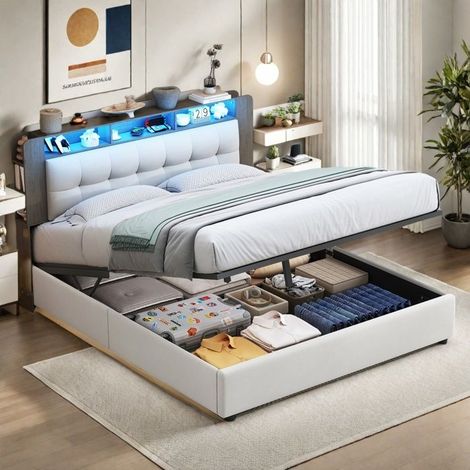 Bett 160x200 cm mit LED und USB, Bett mit Stauraum 160x200 cm mit Lattenrost, Queen-Bett aus Samt, Weiß, Lattenrost inklusive