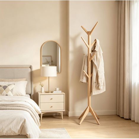 Appendiabiti da terra in legno naturale con 8 ganci e altezza 180 cm (1/4)