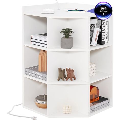 Costway – Étagère d'angle 3 niveaux avec station de charge – 2 prises et 2 ports USB – 9 compartiments – Bois d'ingénierie – 51x51x86 cm – Blanc (1/5)