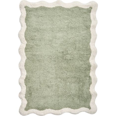 Alfombrilla de baño moderna de algodón rectangular 60 x 90 cm patrón geométrico accesorios de baño verde y beige Nangal (1/5)