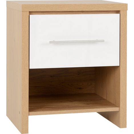 Multi Pack of 2 - Seville 1 Drawer Bedside Table - L39 x W56 x H47 cm - White High Gloss/Light Oak