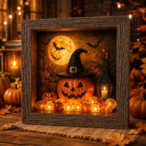 Halloween Shadow Box Kit, Lampe Halloween Citrouille LED Format A4, Décoration Festive, Alimentation Secteur