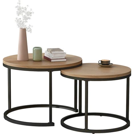 Table basse ronde gigogne lot de 2 en MDF effet bois brun, design moderne avec plateau marbré facile à nettoyer, pour salon et petits espaces CHICFURN (1/5)