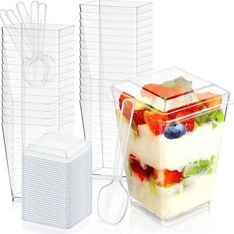 30 coupes à dessert réutilisables - Coupes à dessert - Coupes à goûter - Coupes à glace - Avec couvercle et cuillère - Plastique - Transparent (1/5)