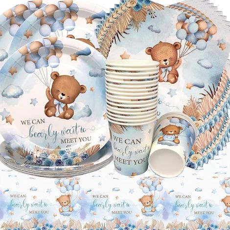 Vaisselle de Fête Ours en Peluche Anniversaire Ours Vaisselle Papier Set Assiettes en Papier Serviettes Tasses pour Fête à Thème Baby Shower Décorations Fête d'Anniversaire (1/5)
