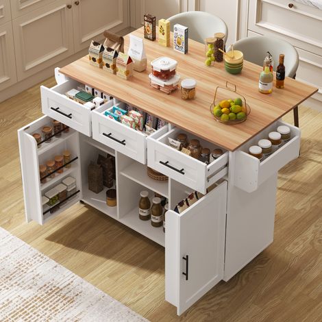 Mueble de cocina con ruedas 139 x 46(71) x 91,5 cm, tablero abatible, blanco, HAVRYA (1/5)