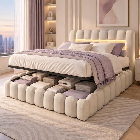 Cama canapé abatible 160x200 cm de matrimonio hidráulica, Luces LED RGB y puerto USB Tipo C, Estructura de diseño curvado ondulado y somier de láminas, Beige (1/5)