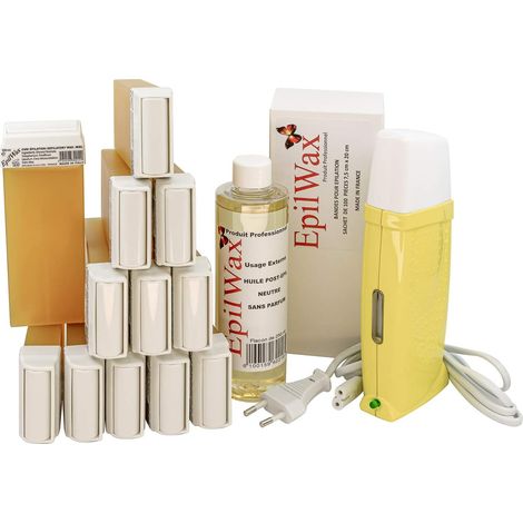 Kit Chauffe Cire Épilation Professionnelle avec 12 x Recharges Roll on Cire Miel, 100 x Bandes d'Épilation et Huile après Épilation - Gamme Royal (1/5)