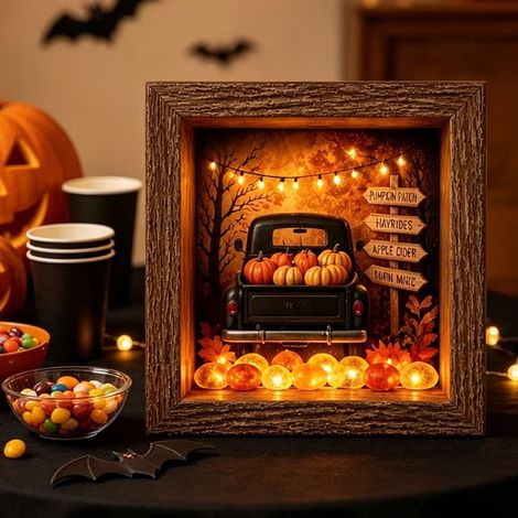 Halloween Shadow Box Kit, Lampe Halloween Chariot de Citrouilles LED Format A4, Décoration Festive, Secteur