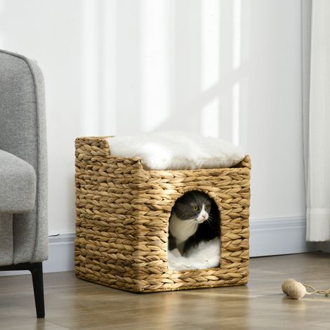 Niche pour chat en jacinthe d’eau tressée sur deux niveaux avec coussin brun, pour chat jusqu’à 5kg (1/4)