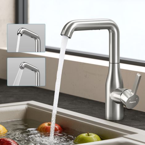 doporro Grifo de Cocina Extraíble en Acero Inoxidable 304, Plata Cepillada, Cartucho Cerámico de Alta Precisión, 2 Modos de Chorro, Altura 26 cm, Turnix-04 (1/5)