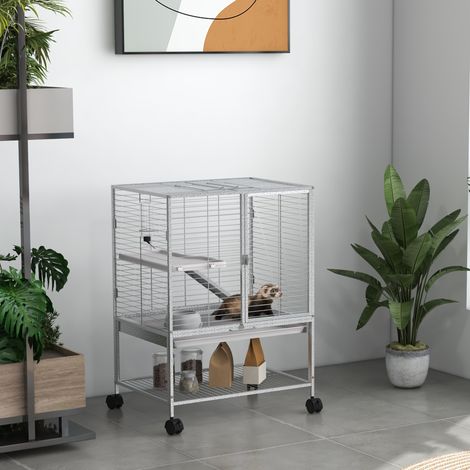 Gabbia per piccoli animali su ruote, 2 livelli con 2 porte, 1 rampa, 1 ripiano portaoggetti, 61,5 x 44,5 x 86 cm, grigia