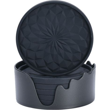 Posavasos de silicona con soporte, [juego de 6], para bebidas frías o calientes, gruesos, antideslizantes, con revestimiento antiadherente, color negro intenso - Crezuo (1/4)