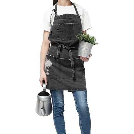 Grembiule da letto regolabile in denim, con 5 tasche, unisex, elegante grembiule in denim, adatto per caffè, lounge, bar e cucine - blu scuro. (1/5)