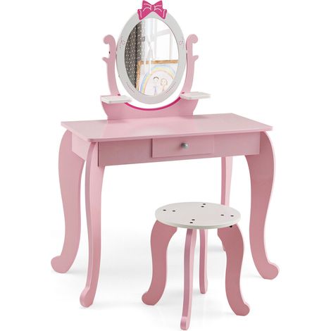 Coiffeuse enfant rose en MDF avec miroir ovale pivotant et tabouret, tiroir et 2 étagères pour chambre, salle de jeux et bureau (1/5)