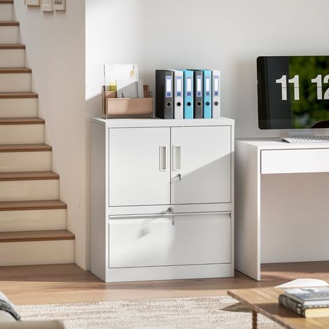 Armoire métallique blanche de bureau, 2 portes avec serrure, étagères ajustables, meuble de rangement polyvalent