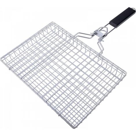 1 panier à griller en acier inoxydable (50 x 32 x 3,5 cm), grille en alliage avec manche en bois, convient pour les légumes, la viande et le poisson (1/5)