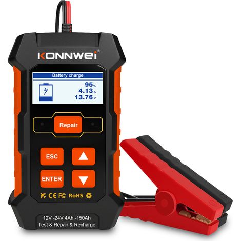 KONNWEI KW520 KW510 verbesserte Version 2,4-Zoll-Schwarz-Weiß-Bildschirm 12 V, 10 A-24 V, 5 A Autobatterietester + Reparatur + Laden drei in einem (europäische Vorschriften), Schwarz, EU-Stecker (1/5)