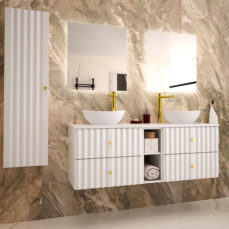 Conjunto de muebles con doble lavabo 140cm 2 compartimientos y columna Izae Blanco (1/4)
