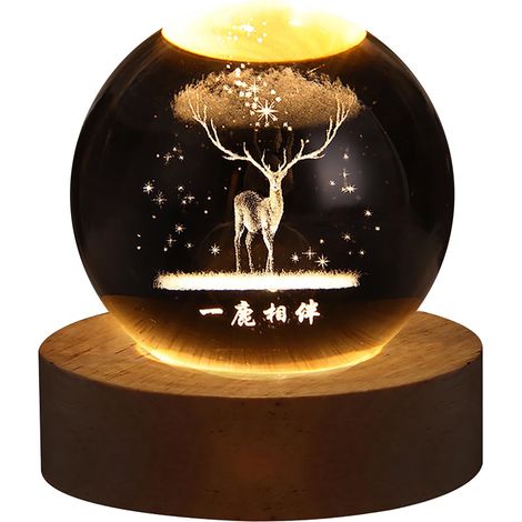 Boule De Cristal - Veilleuse À LED Système Solaire - Socle En Bois - Pour Chambre Enfant Ou Salon - 1 Pièce (1/3)