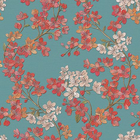 Blumen Tapete Profhome GR322205-DI heißgeprägte Vliestapete mit floralen Ornamenten schimmernd blau lachs-orange beige-rot hell-grün 5,33 m2