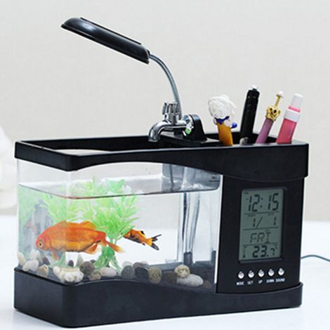 Mini aquarium multifonctionnel USB avec lampe LED, écran LCD, horloge et boîte de rangement. (1/5)