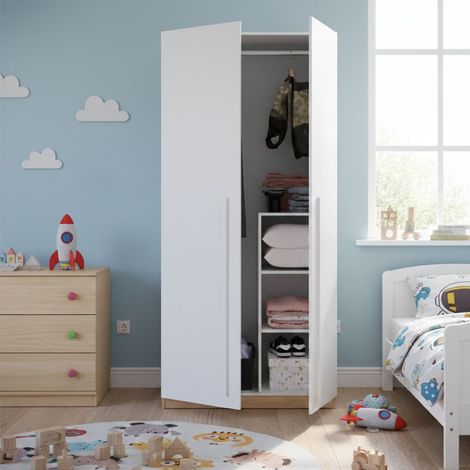 Dmora Armario Abilene, Armario dormitorio con 2 puertas batientes, Mueble con 3 baldas y barra perchero, cm 90x52h200, Roble anudado y Blanco, con embalaje reforzado (1/5)