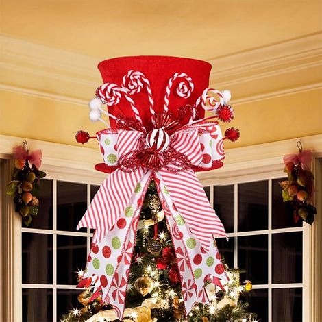 Topper Arbre De Noël - Chapeau En Velours Rouge - 20 cm - Ruban À Rayures Menthe - Décoration Festive Pour Arbre Intérieur - 1 Pièce (1/5)