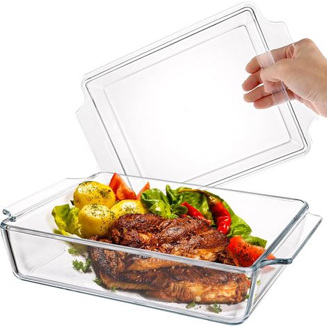 Plat à four rectangulaire 2 l avec couvercle en verre - 29 x 20 x 9 cm - Plat à lasagnes - Récipient de conservation en verre pour rôtir, four, cuisinière électrique, plat à gratin résistant à (1/5)