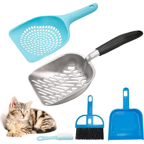 4 Stück Katzenstreu Schaufel Reinigungswerkzeug, Katzenklo Schaufel Aus Robustemaluminium, Größe Silikon Langgriff Tiefer Schaufel mit Kleine Löcher Kunststoff Katzenschaufel Schaufel Besensets (Blau) (1/5)