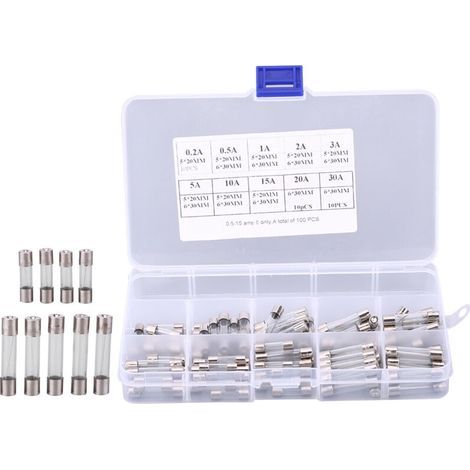 Assortiment de tubes à fusibles en verre pour voiture, 100 pièces, 5x20mm, 6x30mm, 0,2a, 0,5a, 1A, 2A, 3A, 5A, 10A, 15A, 20A, 30A (1/4)