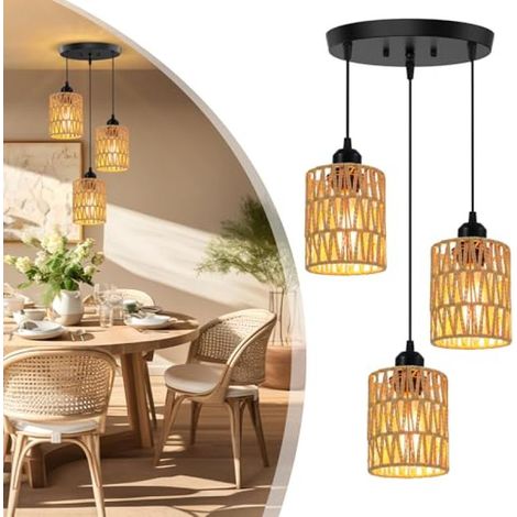 Beyamis Suspension 3 lumières rotin tressé - Lampe plafond industriel E26 hauteur réglable bohème (1/5)