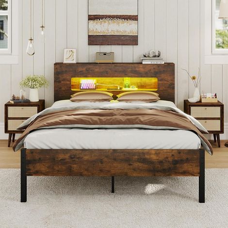 COSTWAY Struttura Letto 200x140cm, Letto Matrimoniale con Luci LED e Testiera Contenitore e Prese, Letto a Doghe con Supporto in Metallo, Silenzioso (1/5)