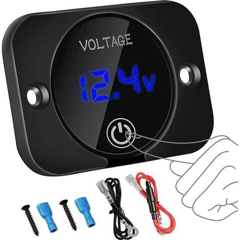 Voltmeter for automotive and motorcycle parts with touchscreen, on/off switch, and single-hole plate for displaying voltage and power (1/5)