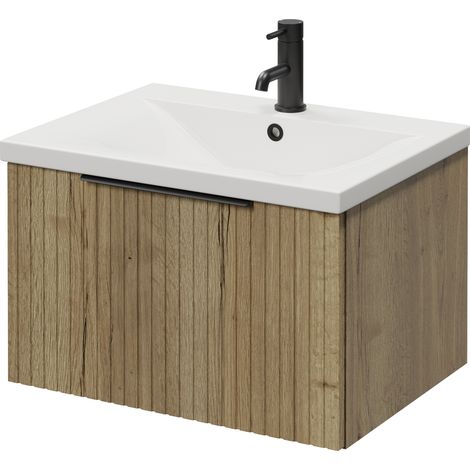 Helix 460 Fluted Autumn Oak 600mm Wall Mounted 1 Drawer Vanity Unit with Glide Basin