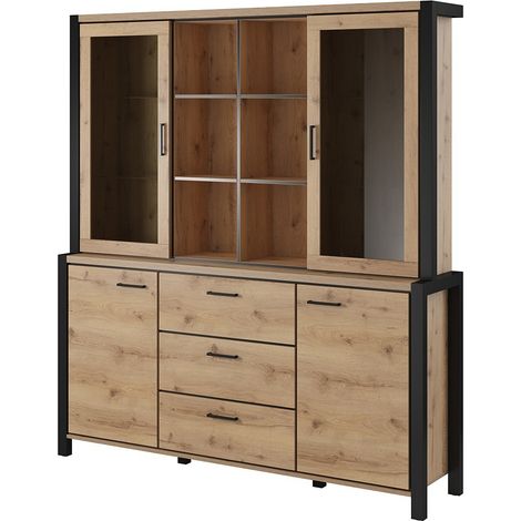 Meublorama – Buffet et huche collection TIVORA 180x200cm – 4 portes, 3 tiroirs, 6 niches – Éclairage LED intégré – Chêne et noir