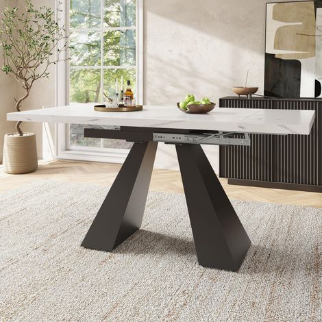 Esstisch Teleskoptisch(99-159×74cm), Ausziehbarer Esstisch, platzsparender Küchentisch,Breite Arbeitsfläche, Flexibles Design, für Homeoffice und Wohnzimmer, Weißer Tischplatte mit Säulenbeinen (1/5)