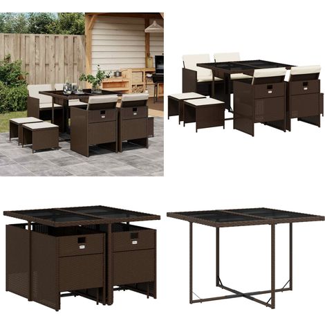Set da Pranzo da Giardino 9pz con Cuscini Marrone in Polyrattan - Sedie da giardino - Sgabelli da giardino