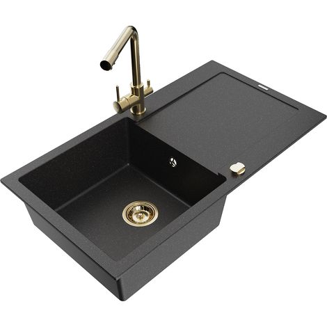 Mexen Leo lavello da cucina in granito a 1 vasca con sgocciolatoio e rubinetto Duero, nero/metallo argento - 6501-73-671600-50 (1/5)