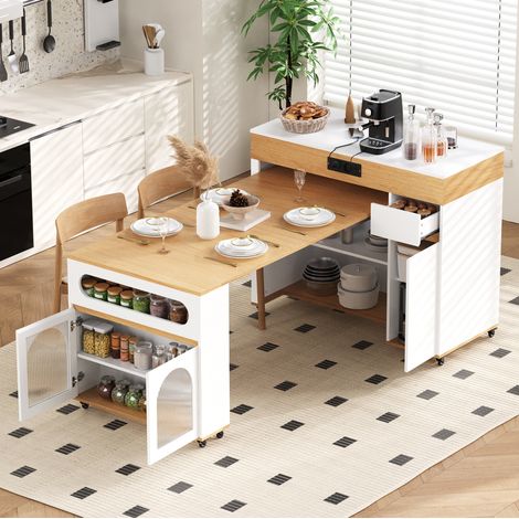 Table extensible de cuisine sur roulettes avec prises et verre strié, blanc et naturel OKMYHOME (1/5)