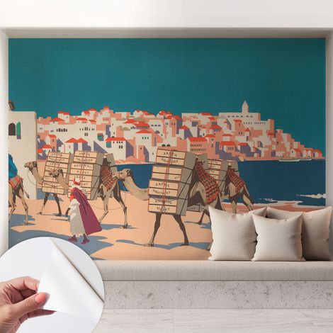 Papier peint autocollant avec imprimé décoratif pour salon et chambre à coucher Installation facile Caravane de chameaux 208x146 cm (1/5)