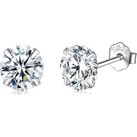 Women's 925 Sterling Silver Earrings with Cubic Zirconia, Round Stud Earrings in Silver/Yellow Gold/Rose Gold, Diameter 3mm/4mm/5mm/6mm (1/5)
