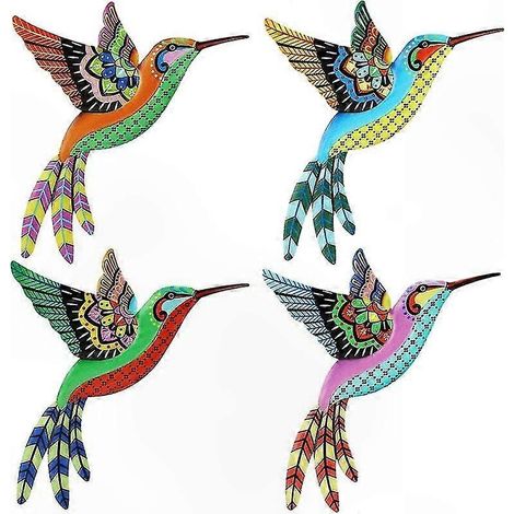Wanddekoration aus Metall in Vogelform, 4er-Set hängende Eisenskulpturen, farbenfrohe Kolibris zur Verschönerung Ihres Interieurs (1/5)