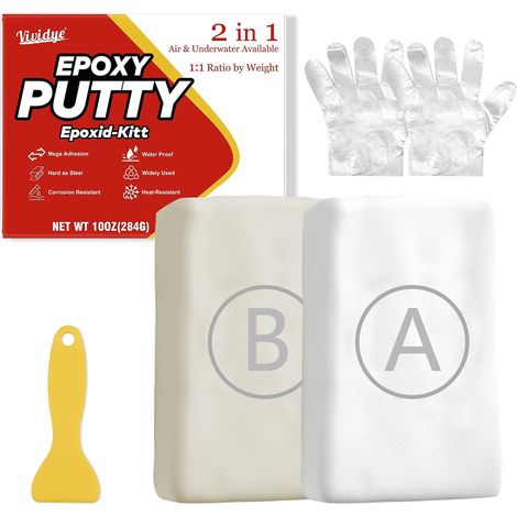 Mastic Époxy Blanc, 280g Pâte à Réparer Rapide pour Piscine, Pâte Époxy pour Fissures, Réparation de Fuites, Remplissage, Colle bi-composant pour Plastique, Métal, Céramique, Bois et Plus (1/5)