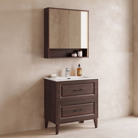 Waschtisch-Set mit Einbauwaschbecken 80 cm und Spiegelschrank Moka Dunkles Holz (1/5)