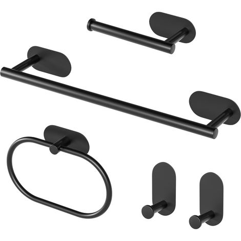 Ensemble de salle de bain noir 5 pièces avec porte-serviettes et distributeur de papier toilette, acier inoxydable (1/5)