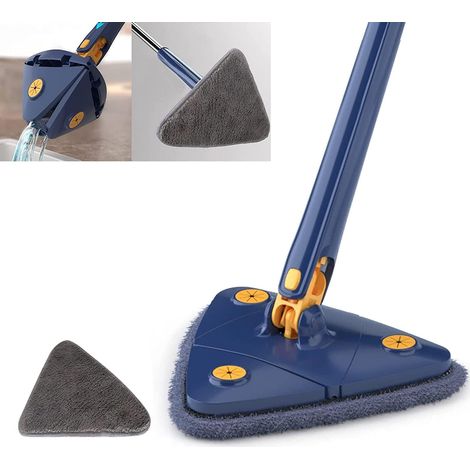 Vadrouille de Nettoyage Triangulaire à 360 degrés, Balai télescopique Triangulaire, Balai à sertir réglable, serpillère Multifonction Automatique Push-Pull (Bleu + 1 Coussins) (1/5)